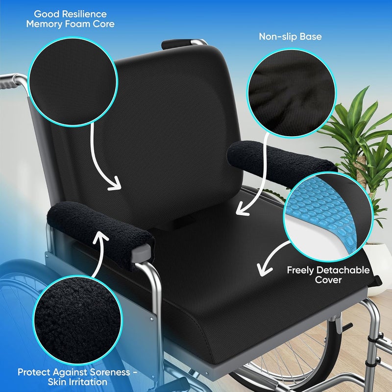 CUSHIO Wheelchair Cushion for Pressure Relief - (4-Piece Set) 18”x16” Anti-Slip Wheelchair Seat Cushions, Lumbar Pillow and Wheelchair Armrest Pads for Adults, Seniors, Wheelchair Accessories - Image 3